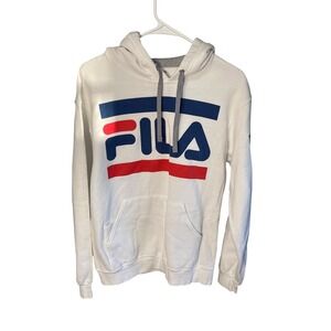 Fila Mens White Graphic Logo Pullover Hoodie Sweatshirt Medium Tri-Color Logo